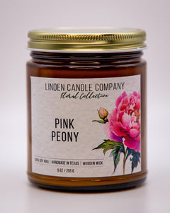 Pink Peony Floral Organic Soy Candle in Amber jar