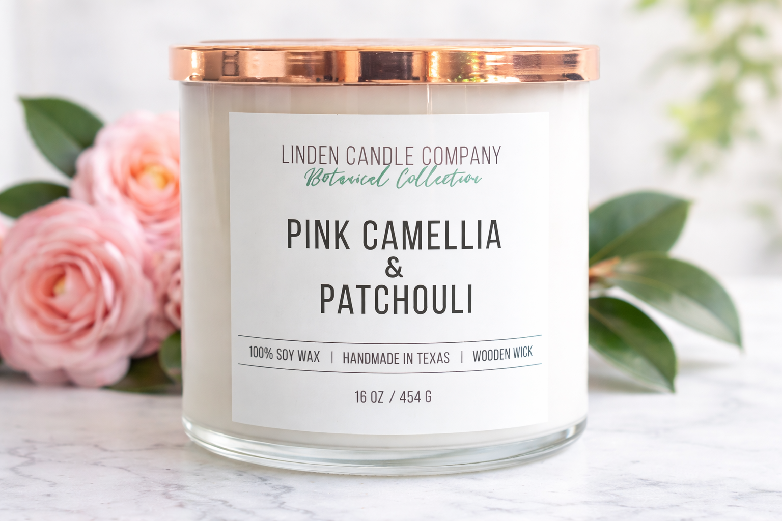 Pink Camellia & Patchouli | Botanical Floral Soy Candle with Wooden Wick