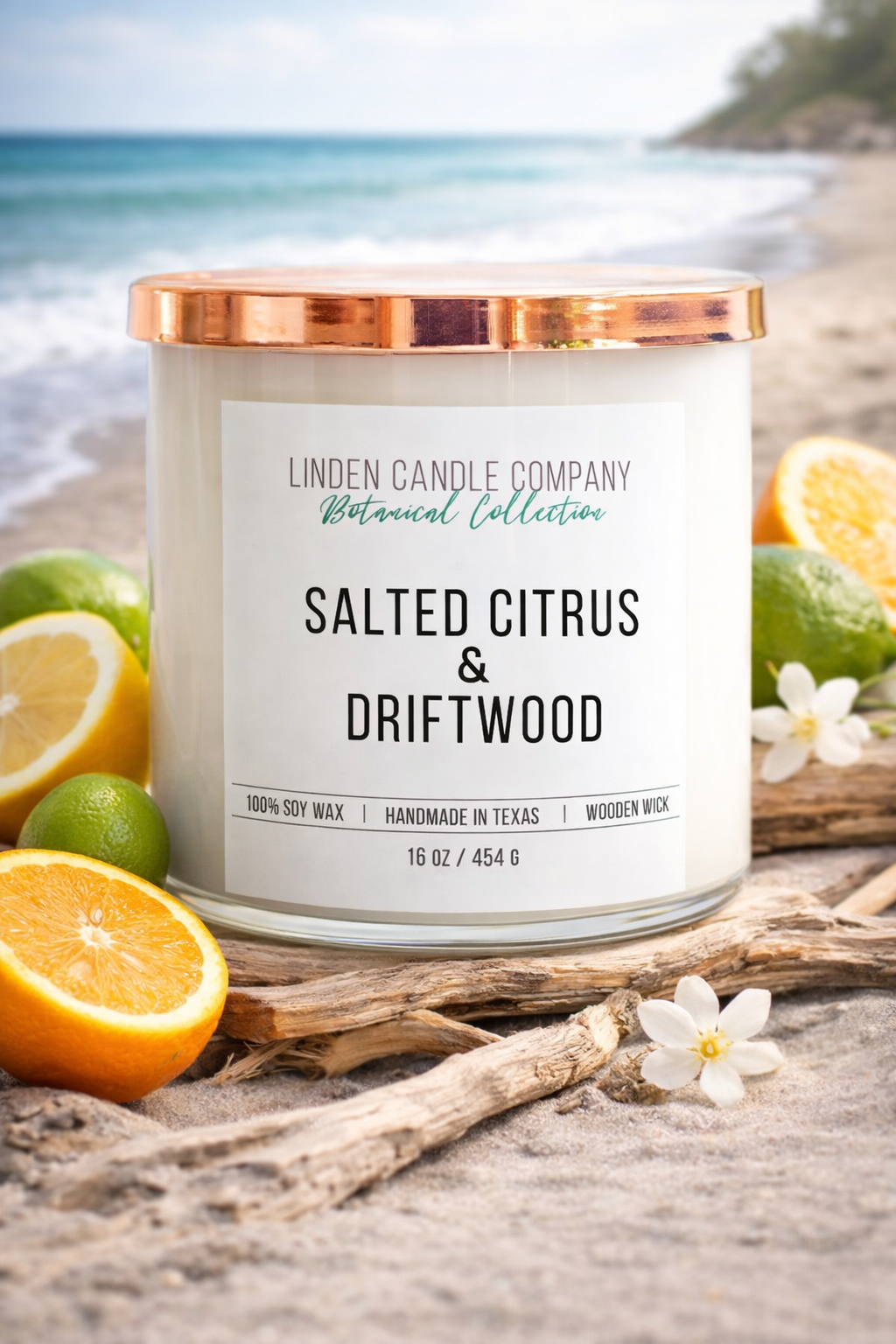 Salted Citrus Driftwood Candle – Soy Candle, Clean Burning Wooden Wick Candle