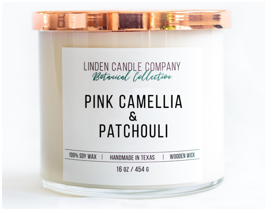 Pink Camellia & Patchouli | Botanical Floral Soy Candle with Wooden Wick